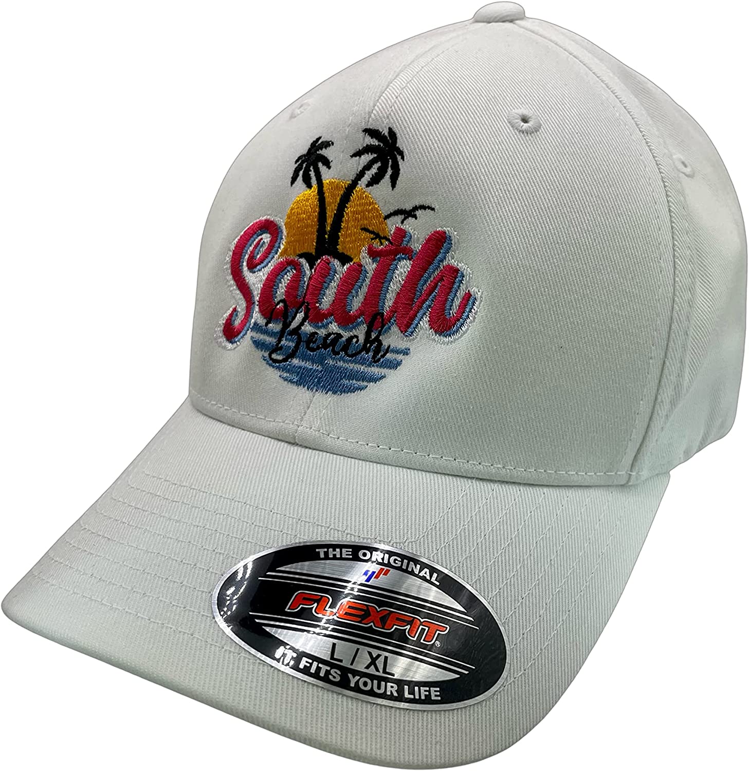 South Beach Hat – Flex Fit, Fitted Hat, with Block Lettering by Pats Hats White
